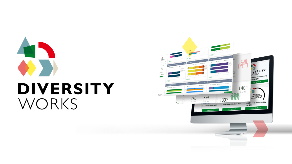 Logo von Diversity Works neben einem Bildschirm mit Diversity-Analysen und Benchmark-Daten